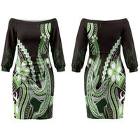Green Black Aloha Hawaii Couples Matching Off The Shoulder Long Sleeve Dress and Hawaiian Shirt Polynesian Shark Tattoo Plumeria LT14 - Polynesian Pride