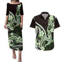 Green Black Aloha Hawaii Couples Matching Puletasi and Hawaiian Shirt Polynesian Shark Tattoo Plumeria