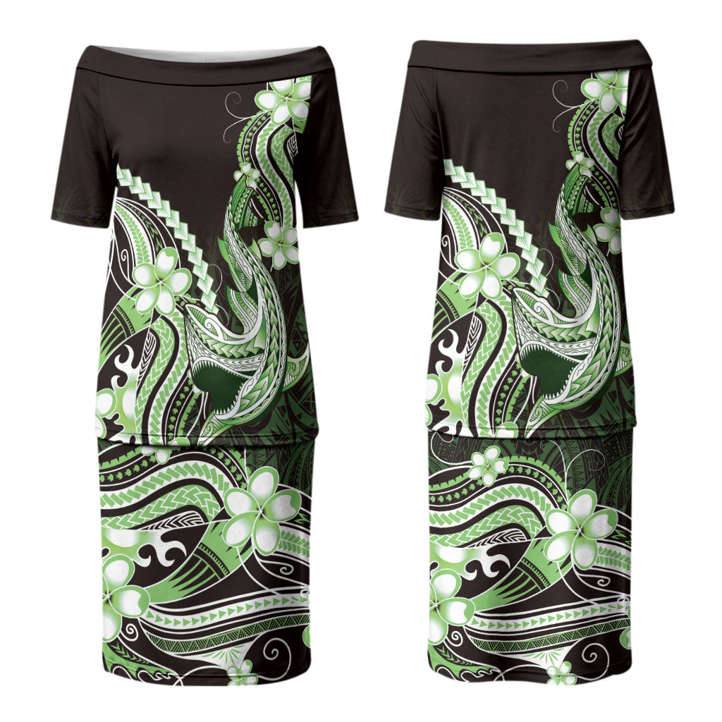 Green Black Aloha Hawaii Couples Matching Puletasi and Hawaiian Shirt Polynesian Shark Tattoo Plumeria LT14 - Polynesian Pride