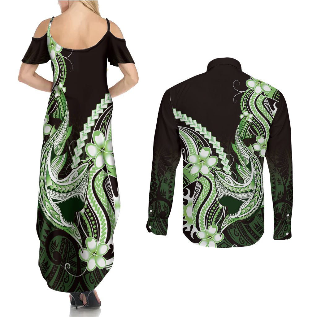 Green Black Aloha Hawaii Couples Matching Summer Maxi Dress and Long Sleeve Button Shirt Polynesian Shark Tattoo Plumeria