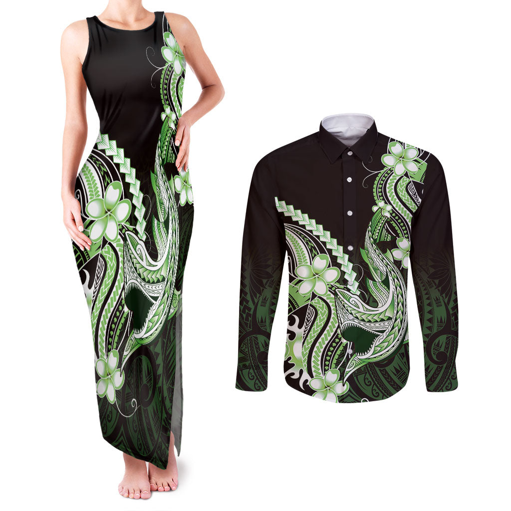Green Black Aloha Hawaii Couples Matching Tank Maxi Dress and Long Sleeve Button Shirt Polynesian Shark Tattoo Plumeria