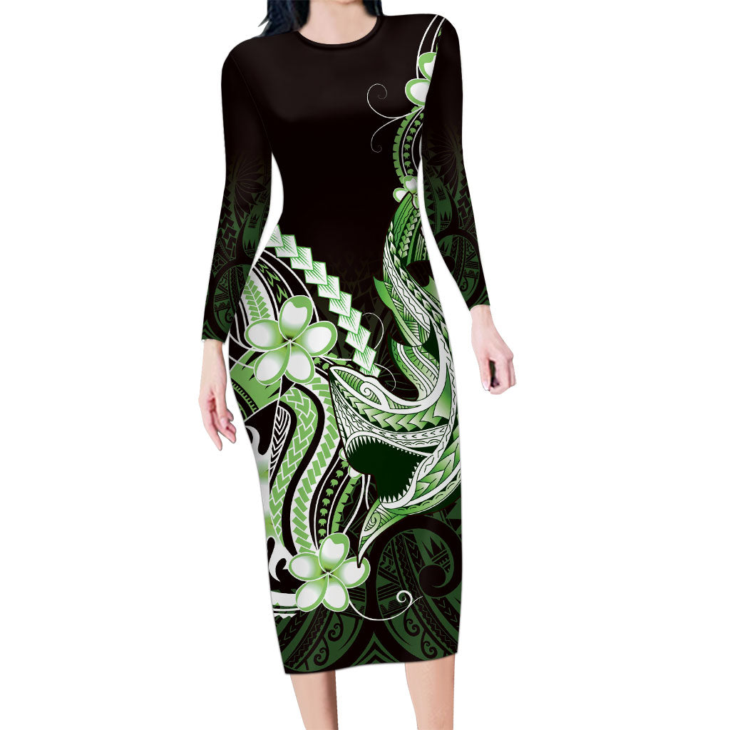Green Black Aloha Hawaii Family Matching Long Sleeve Bodycon Dress and Hawaiian Shirt Polynesian Shark Tattoo Plumeria