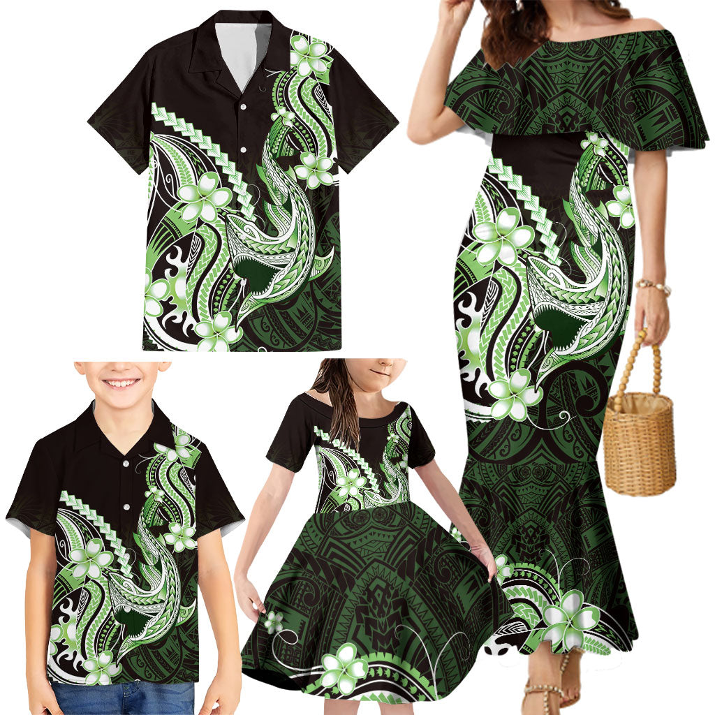 Green Black Aloha Hawaii Family Matching Mermaid Dress and Hawaiian Shirt Polynesian Shark Tattoo Plumeria