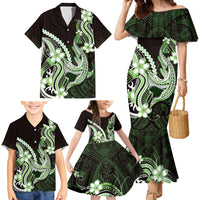 Green Black Aloha Hawaii Family Matching Mermaid Dress and Hawaiian Shirt Polynesian Shark Tattoo Plumeria