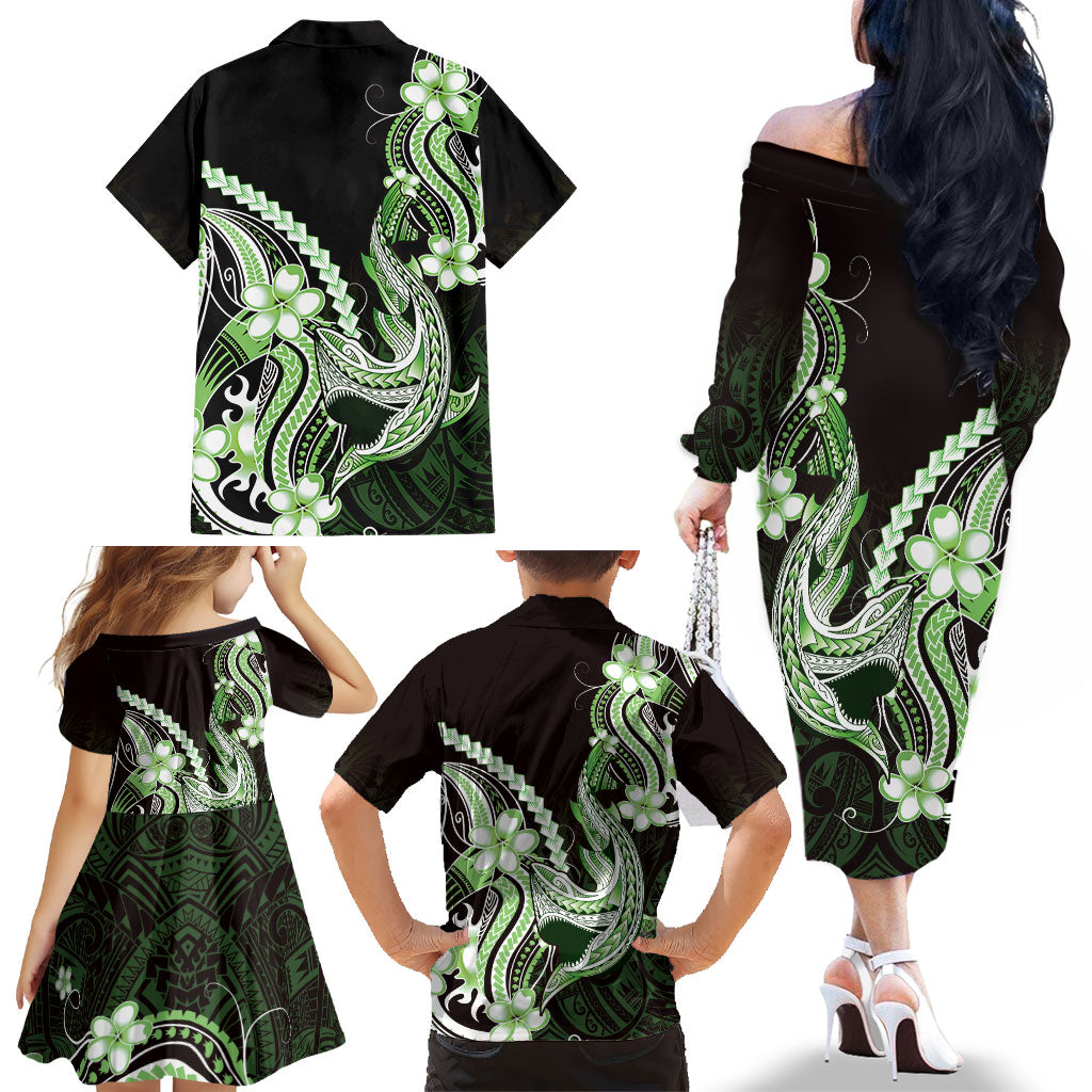 Green Black Aloha Hawaii Family Matching Off The Shoulder Long Sleeve Dress and Hawaiian Shirt Polynesian Shark Tattoo Plumeria