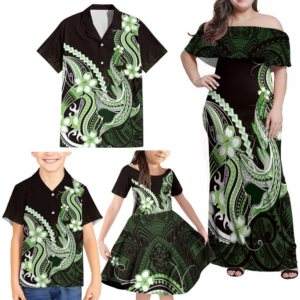 Green Black Aloha Hawaii Family Matching Off Shoulder Maxi Dress and Hawaiian Shirt Polynesian Shark Tattoo Plumeria