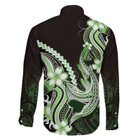 Green Black Aloha Hawaii Family Matching Off Shoulder Maxi Dress and Hawaiian Shirt Polynesian Shark Tattoo Plumeria