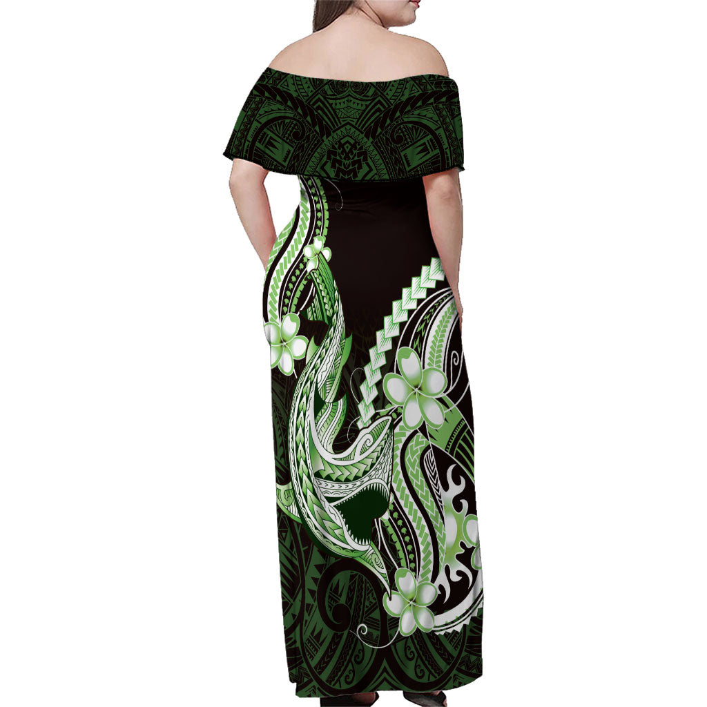 Green Black Aloha Hawaii Family Matching Off Shoulder Maxi Dress and Hawaiian Shirt Polynesian Shark Tattoo Plumeria