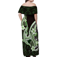 Green Black Aloha Hawaii Family Matching Off Shoulder Maxi Dress and Hawaiian Shirt Polynesian Shark Tattoo Plumeria