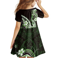 Green Black Aloha Hawaii Family Matching Off Shoulder Short Dress and Hawaiian Shirt Polynesian Shark Tattoo Plumeria