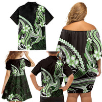 Green Black Aloha Hawaii Family Matching Off Shoulder Short Dress and Hawaiian Shirt Polynesian Shark Tattoo Plumeria