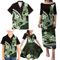 Green Black Aloha Hawaii Family Matching Puletasi and Hawaiian Shirt Polynesian Shark Tattoo Plumeria