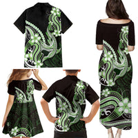 Green Black Aloha Hawaii Family Matching Puletasi and Hawaiian Shirt Polynesian Shark Tattoo Plumeria