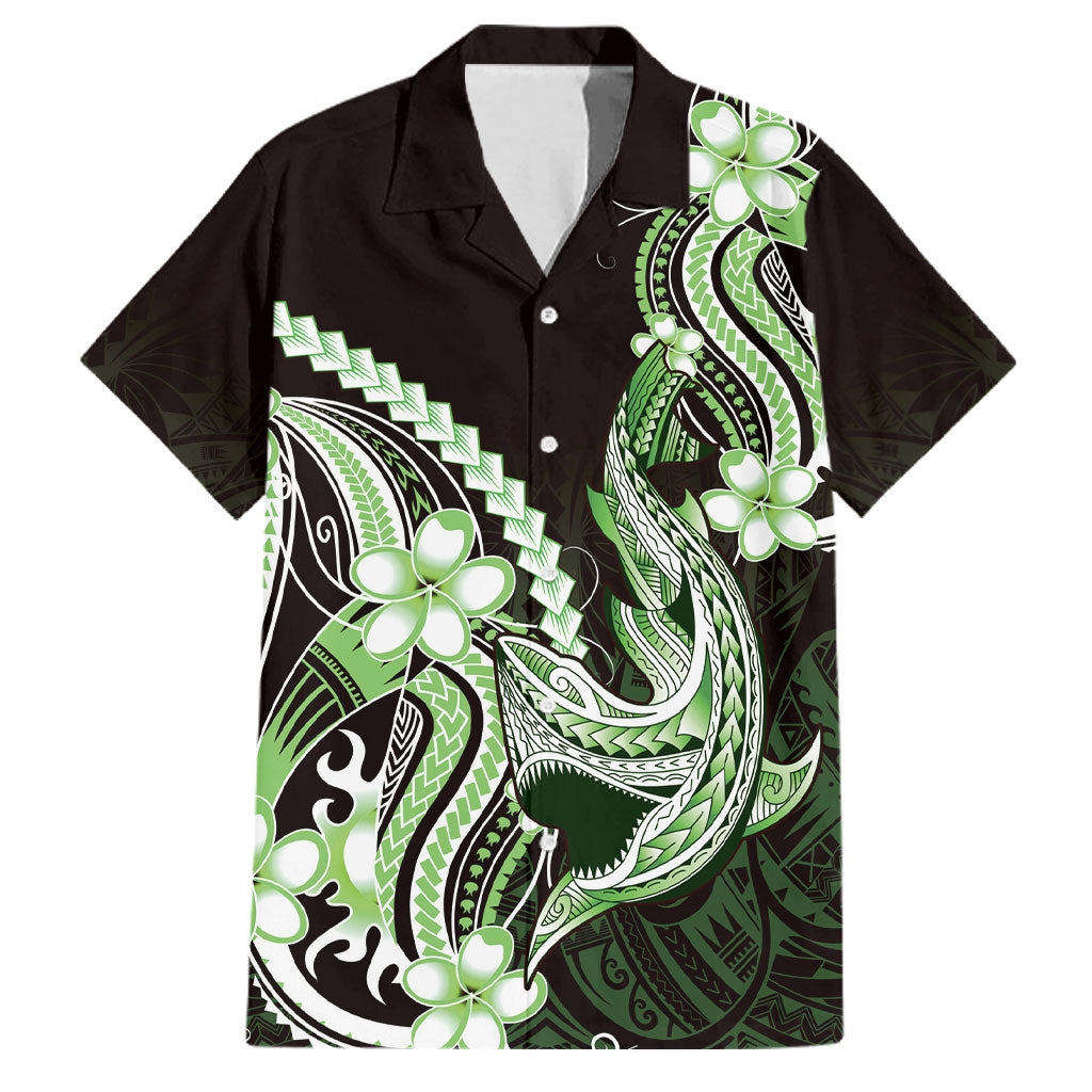 Green Black Aloha Hawaii Family Matching Puletasi and Hawaiian Shirt Polynesian Shark Tattoo Plumeria