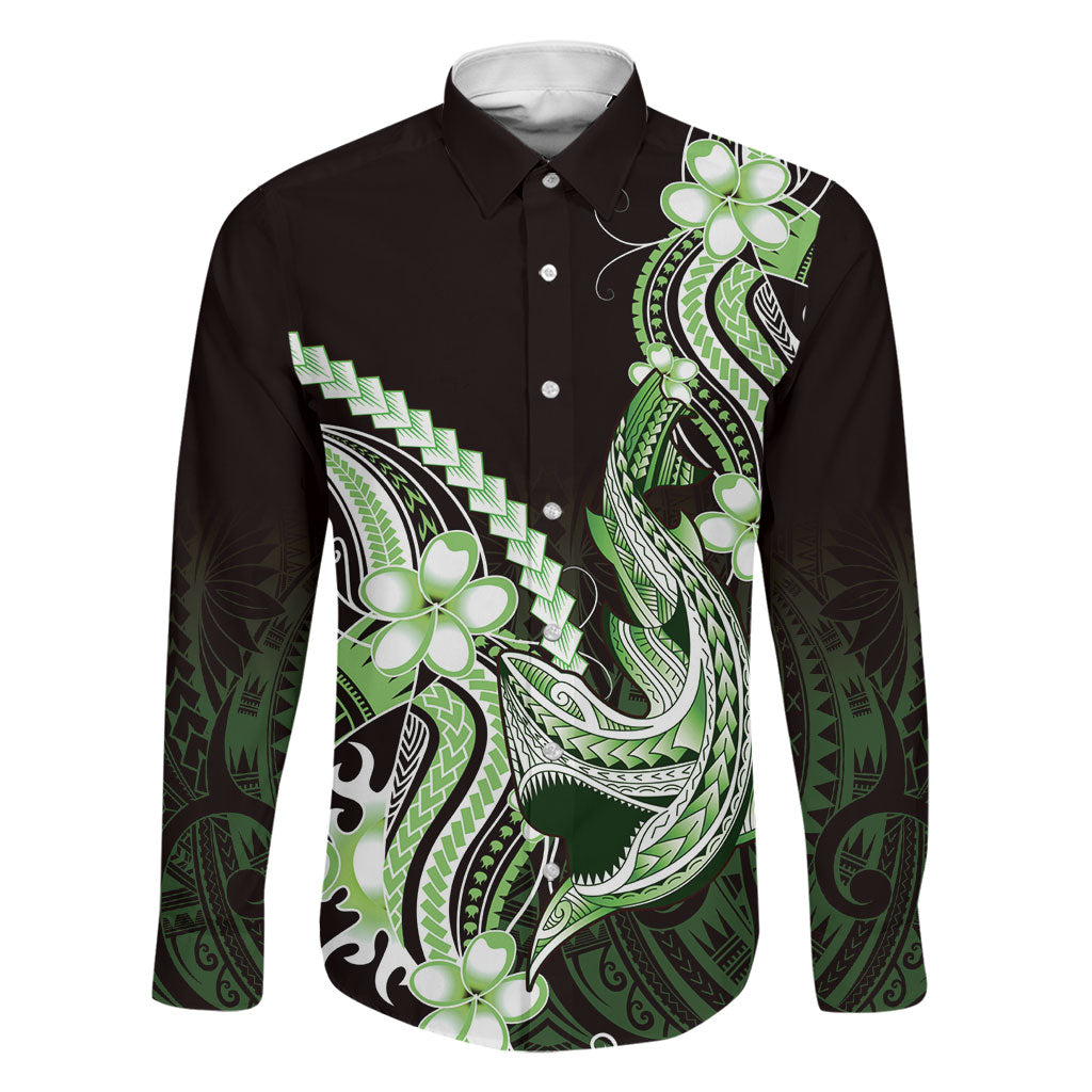 Green Black Aloha Hawaii Family Matching Puletasi and Hawaiian Shirt Polynesian Shark Tattoo Plumeria