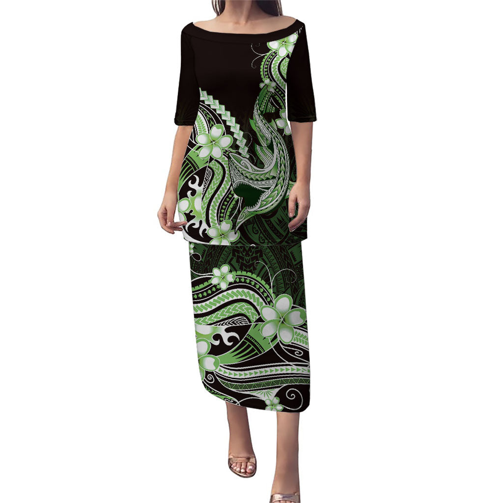 Green Black Aloha Hawaii Family Matching Puletasi and Hawaiian Shirt Polynesian Shark Tattoo Plumeria