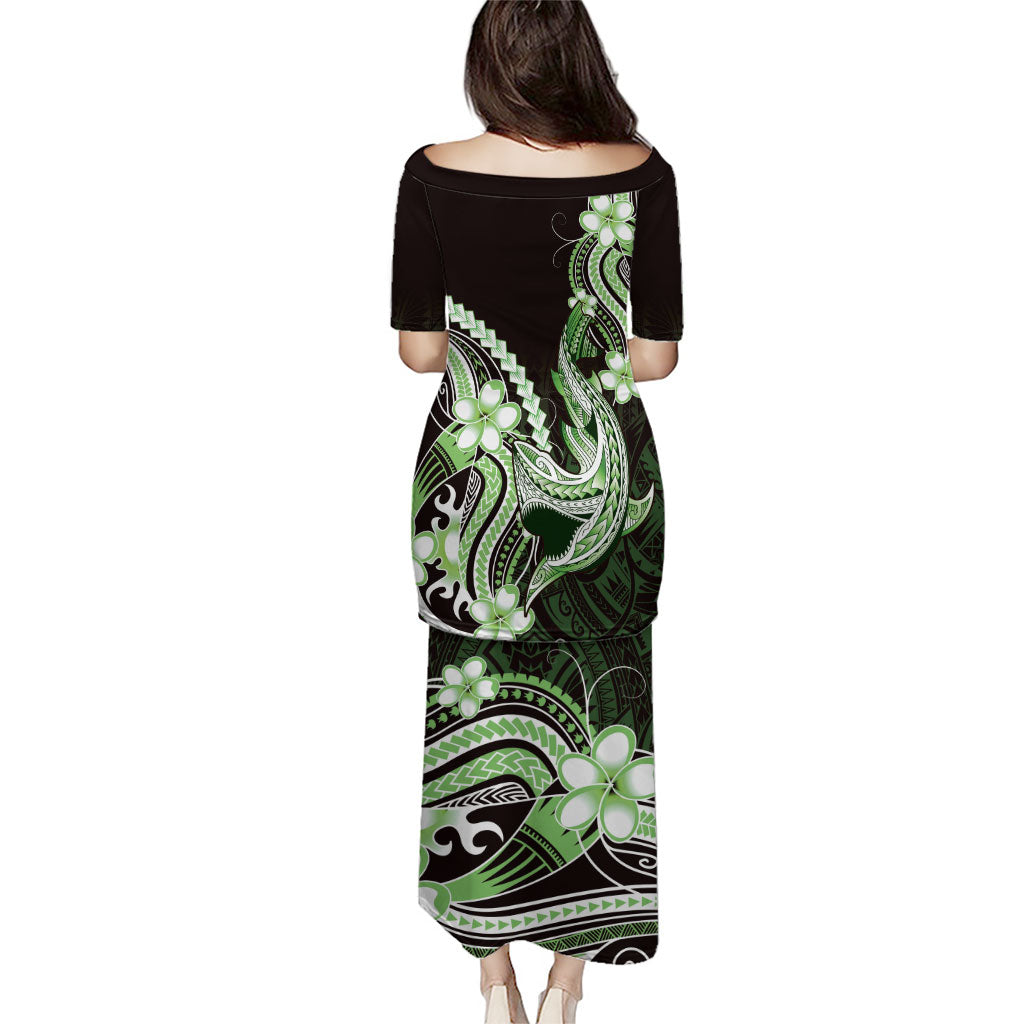 Green Black Aloha Hawaii Family Matching Puletasi and Hawaiian Shirt Polynesian Shark Tattoo Plumeria