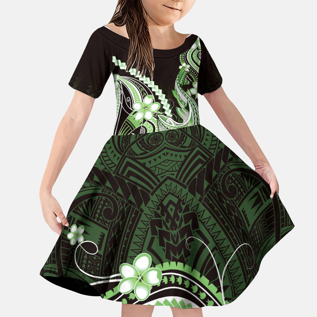 Green Black Aloha Hawaii Family Matching Short Sleeve Bodycon Dress and Hawaiian Shirt Polynesian Shark Tattoo Plumeria