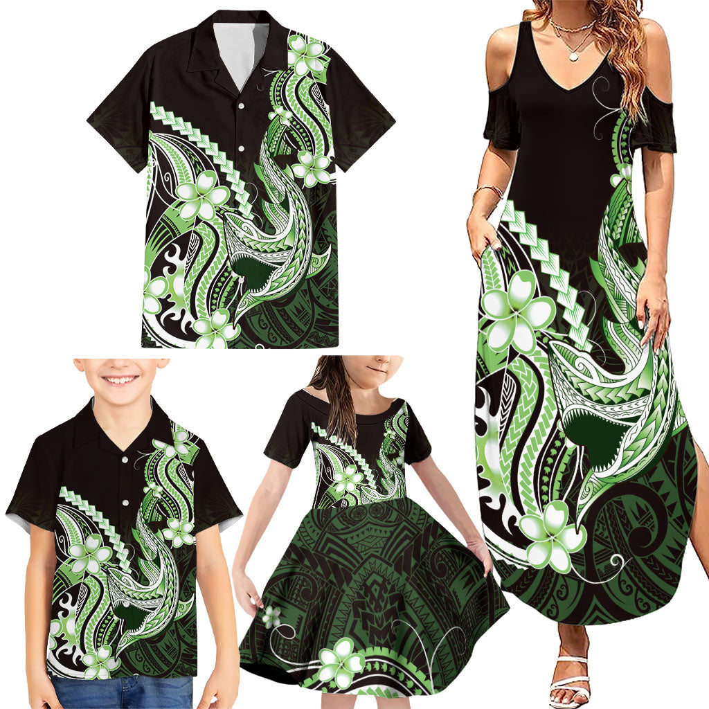 Green Black Aloha Hawaii Family Matching Summer Maxi Dress and Hawaiian Shirt Polynesian Shark Tattoo Plumeria