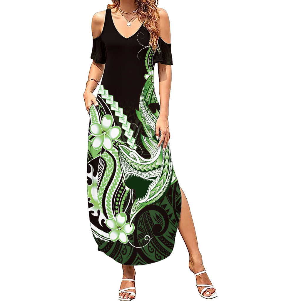 Green Black Aloha Hawaii Family Matching Summer Maxi Dress and Hawaiian Shirt Polynesian Shark Tattoo Plumeria