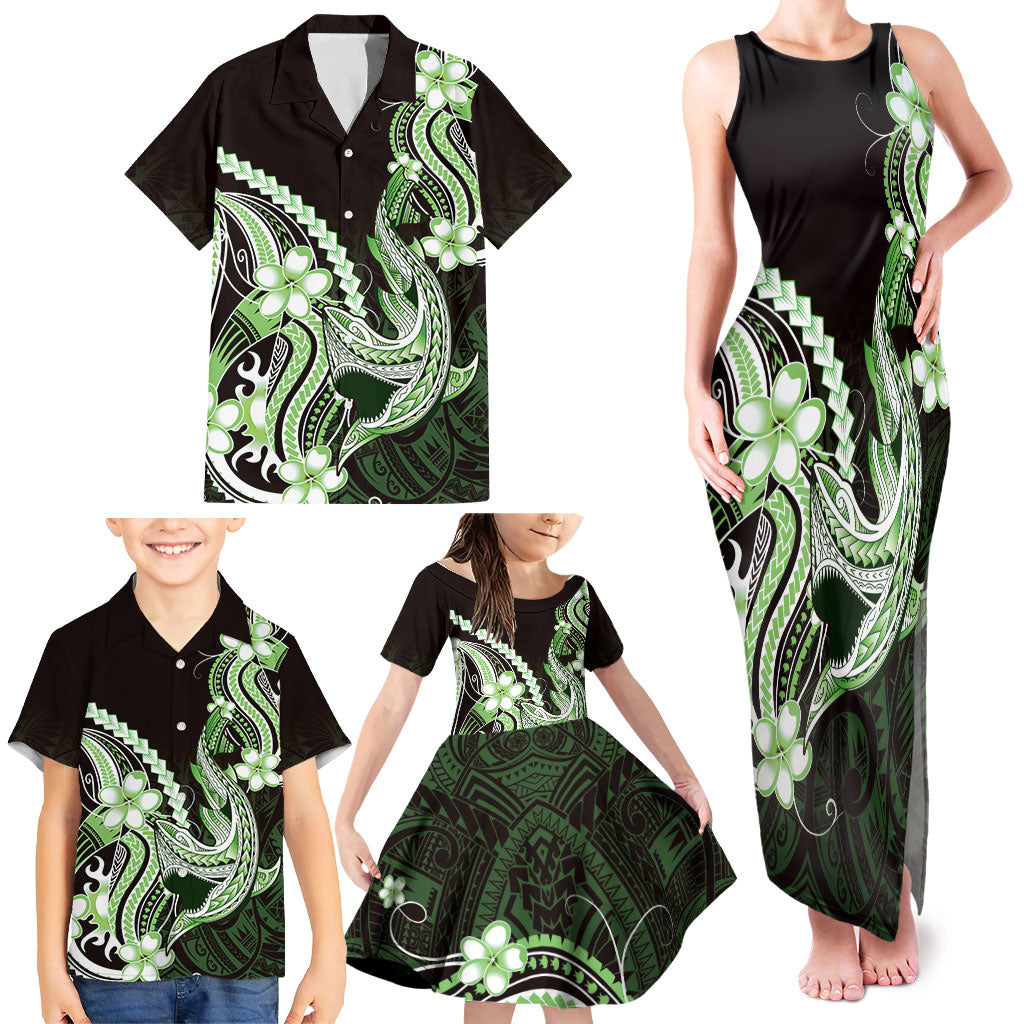 Green Black Aloha Hawaii Family Matching Tank Maxi Dress and Hawaiian Shirt Polynesian Shark Tattoo Plumeria