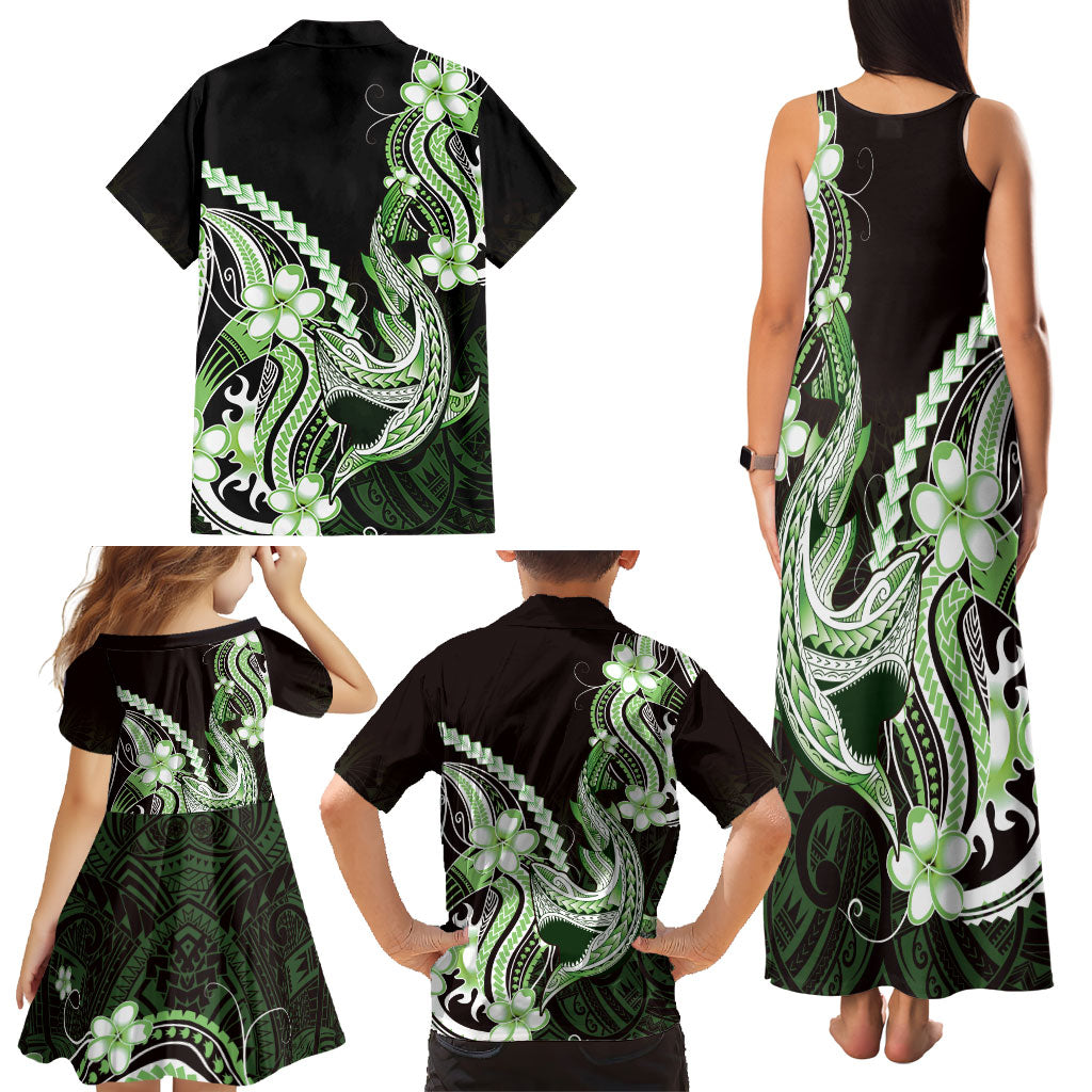 Green Black Aloha Hawaii Family Matching Tank Maxi Dress and Hawaiian Shirt Polynesian Shark Tattoo Plumeria