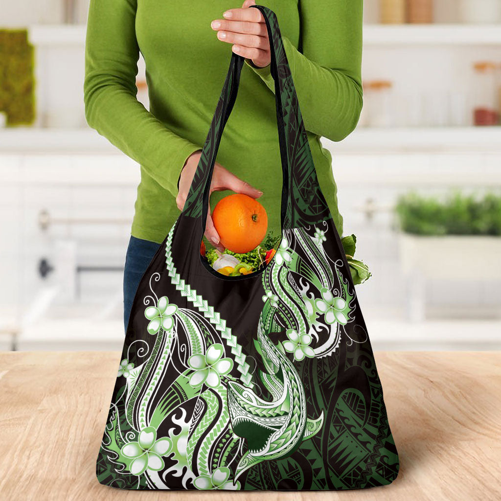 Green Black Aloha Hawaii Grocery Bag Polynesian Shark Tattoo Plumeria