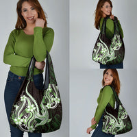 Green Black Aloha Hawaii Grocery Bag Polynesian Shark Tattoo Plumeria