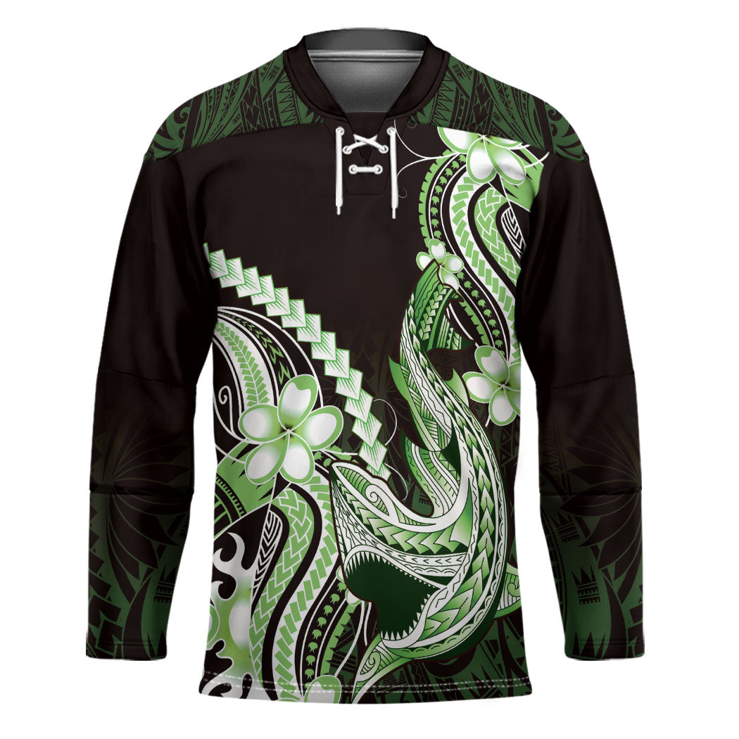 Green Black Aloha Hawaii Hockey Jersey Polynesian Shark Tattoo Plumeria LT14 Unisex Green - Polynesian Pride