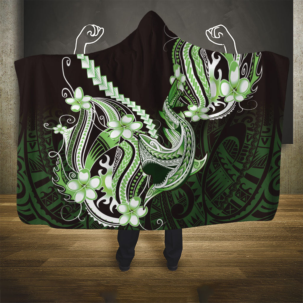 Green Black Aloha Hawaii Hooded Blanket Polynesian Shark Tattoo Plumeria