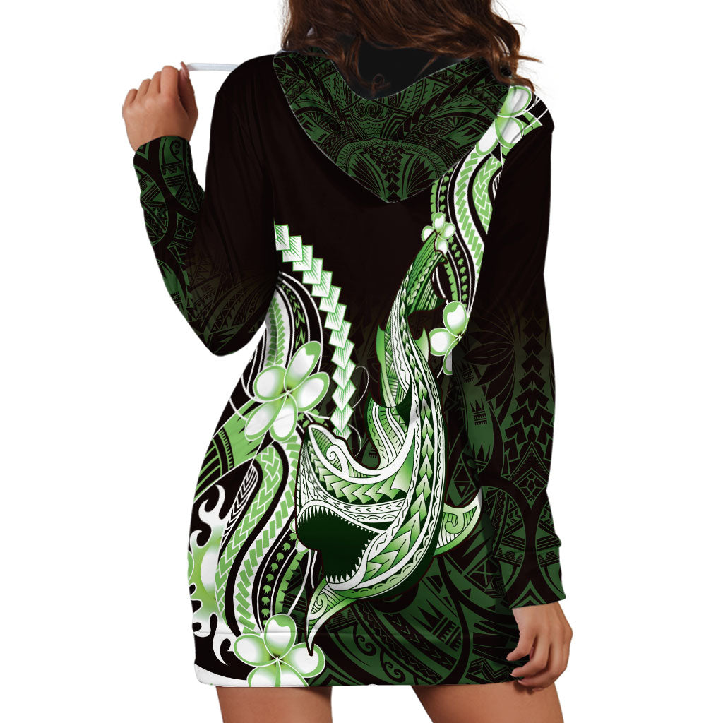 Green Black Aloha Hawaii Hoodie Dress Polynesian Shark Tattoo Plumeria