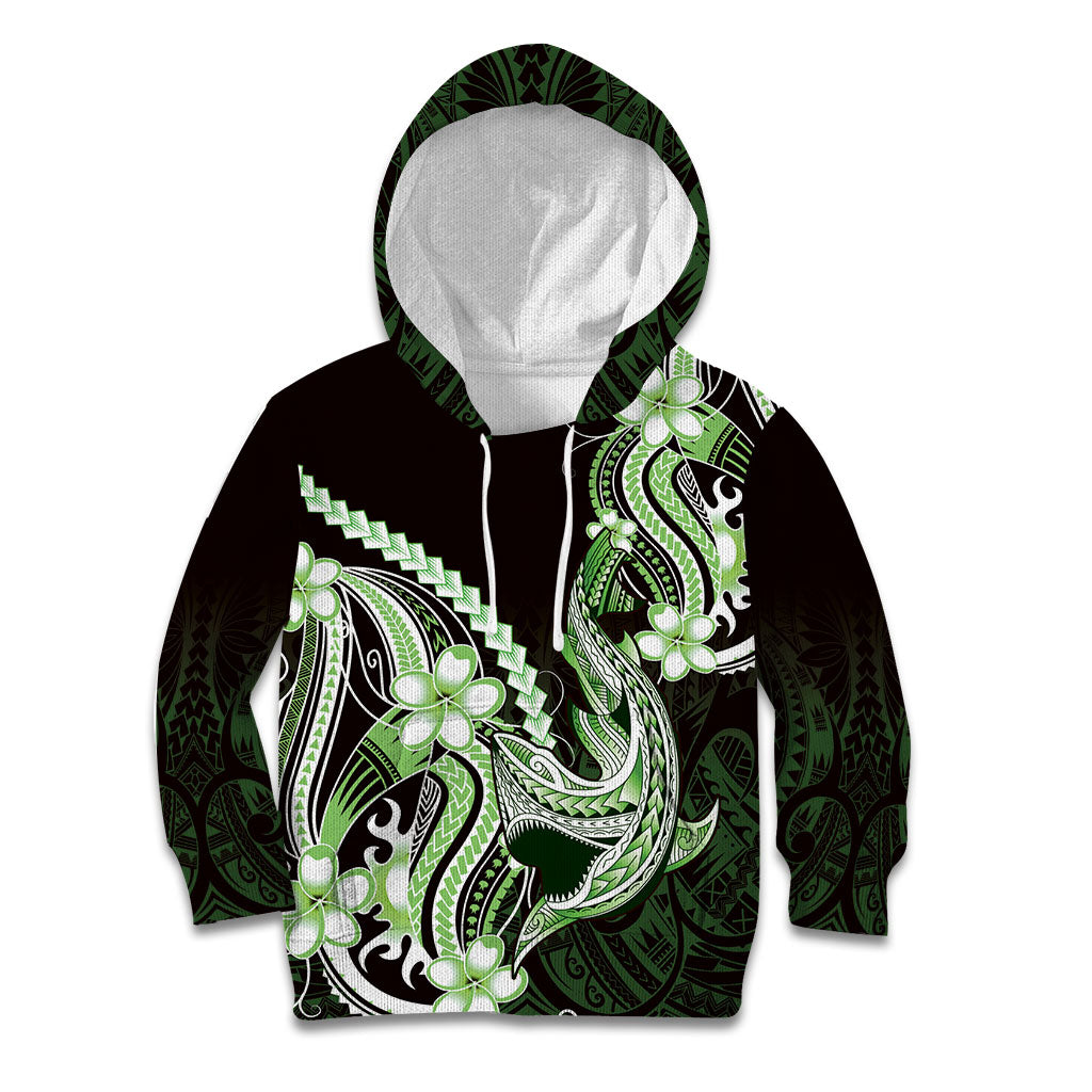 Green Black Aloha Hawaii Kid Hoodie Polynesian Shark Tattoo Plumeria