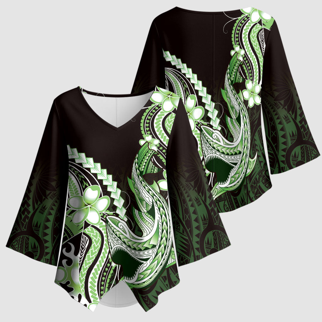 Green Black Aloha Hawaii Kimono Sleeve Blouse Polynesian Shark Tattoo Plumeria