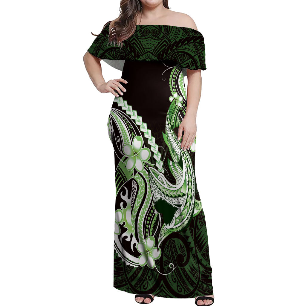 Green Black Aloha Hawaii Off Shoulder Maxi Dress Polynesian Shark Tattoo Plumeria LT14 Women Green - Polynesian Pride