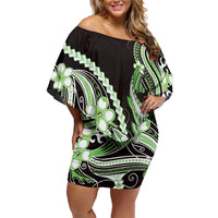 Green Black Aloha Hawaii Off Shoulder Short Dress Polynesian Shark Tattoo Plumeria