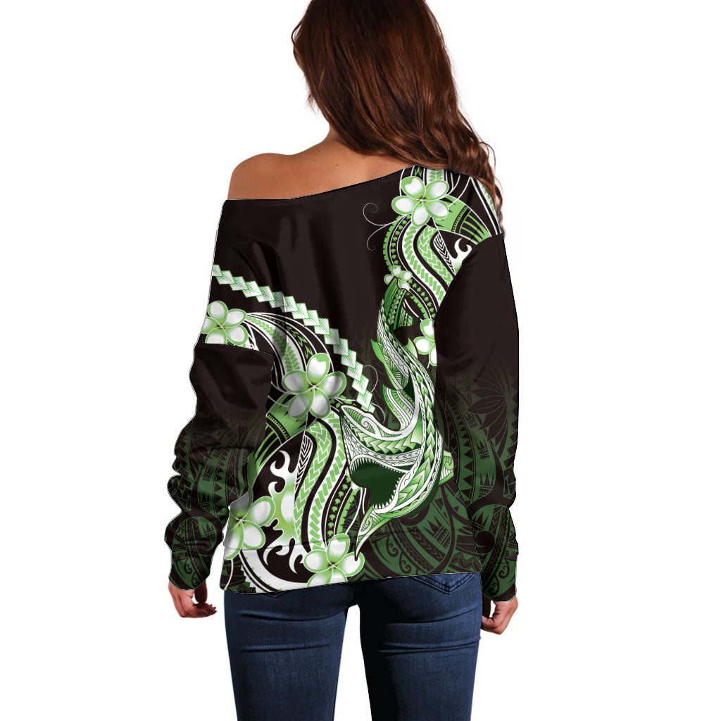 Green Black Aloha Hawaii Off Shoulder Sweater Polynesian Shark Tattoo Plumeria