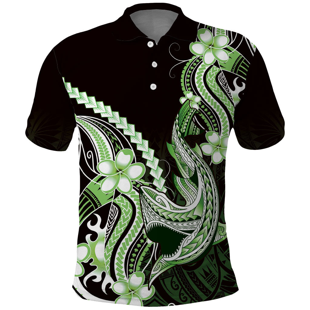 Green Black Aloha Hawaii Polo Shirt Polynesian Shark Tattoo Plumeria