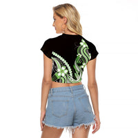 Green Black Aloha Hawaii Raglan Cropped T Shirt Polynesian Shark Tattoo Plumeria
