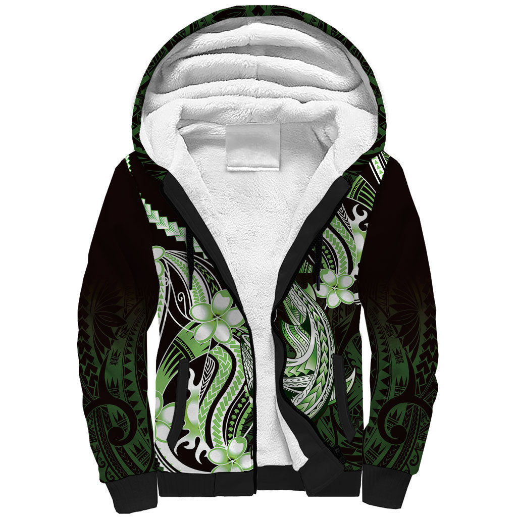 Green Black Aloha Hawaii Sherpa Hoodie Polynesian Shark Tattoo Plumeria
