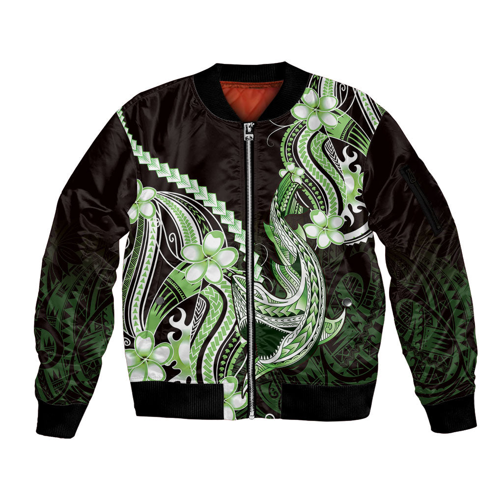 Green Black Aloha Hawaii Sleeve Zip Bomber Jacket Polynesian Shark Tattoo Plumeria LT14 Unisex Green - Polynesian Pride