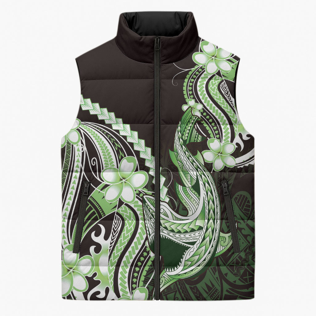 Green Black Aloha Hawaii Sleeveless Puffer Jacket Polynesian Shark Tattoo Plumeria