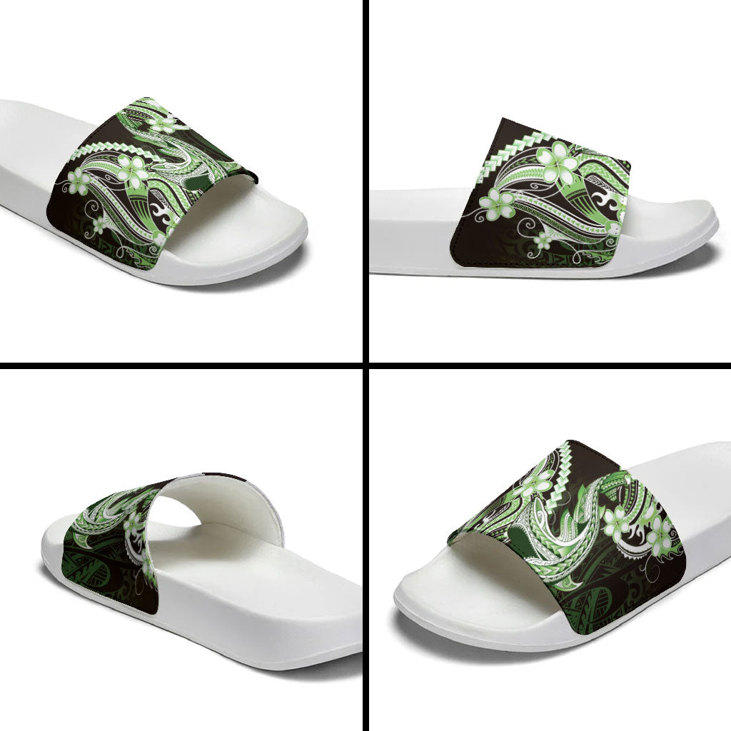Green Black Aloha Hawaii Slide Sandals Polynesian Shark Tattoo Plumeria