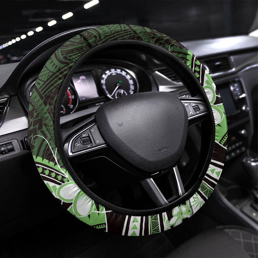 Green Black Aloha Hawaii Steering Wheel Cover Polynesian Shark Tattoo Plumeria LT14 Universal Fit Green - Polynesian Pride