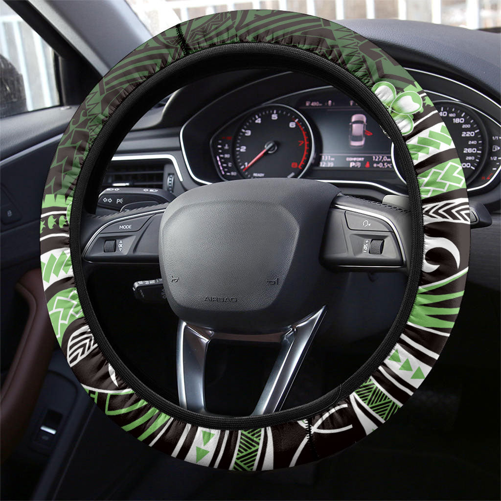 Green Black Aloha Hawaii Steering Wheel Cover Polynesian Shark Tattoo Plumeria
