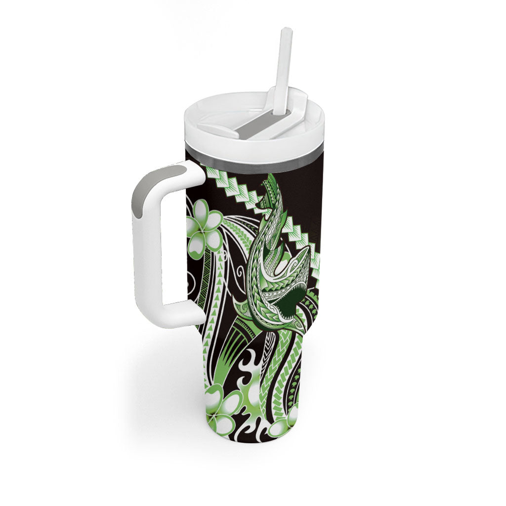 Green Black Aloha Hawaii Tumbler With Handle Polynesian Shark Tattoo Plumeria