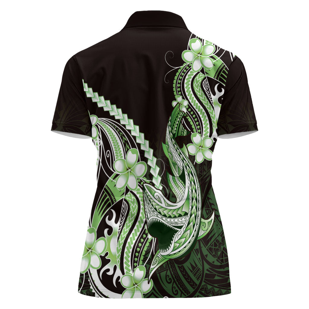 Green Black Aloha Hawaii Women Polo Shirt Polynesian Shark Tattoo Plumeria