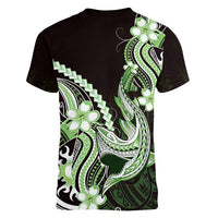 Green Black Aloha Hawaii Women V-Neck T-Shirt Polynesian Shark Tattoo Plumeria