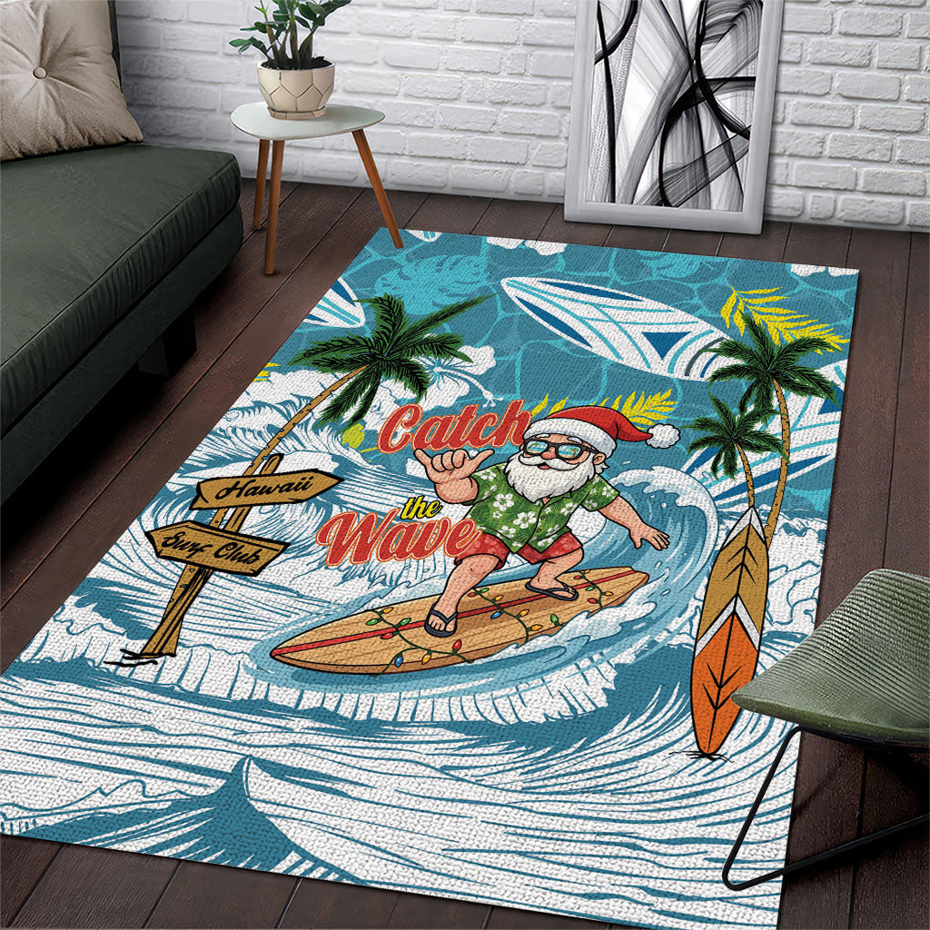 Hawaii Summer Christmas Area Rug Surfing Santa Shaka Catch The Wave LT14 Teal - Polynesian Pride