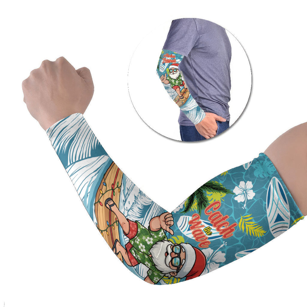 Hawaii Summer Christmas Arm Sleeves Surfing Santa Shaka Catch The Wave LT14 Set of 2 Teal - Polynesian Pride