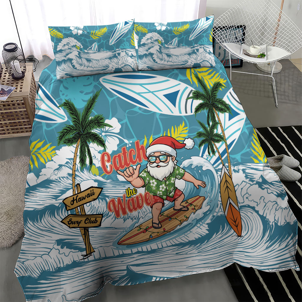 Hawaii Summer Christmas Bedding Set Surfing Santa Shaka Catch The Wave
